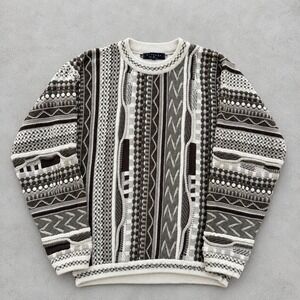 Protege‎ Collection Vintage 3D Knit Coogi Sweater Large Brown Cream 90s Textured